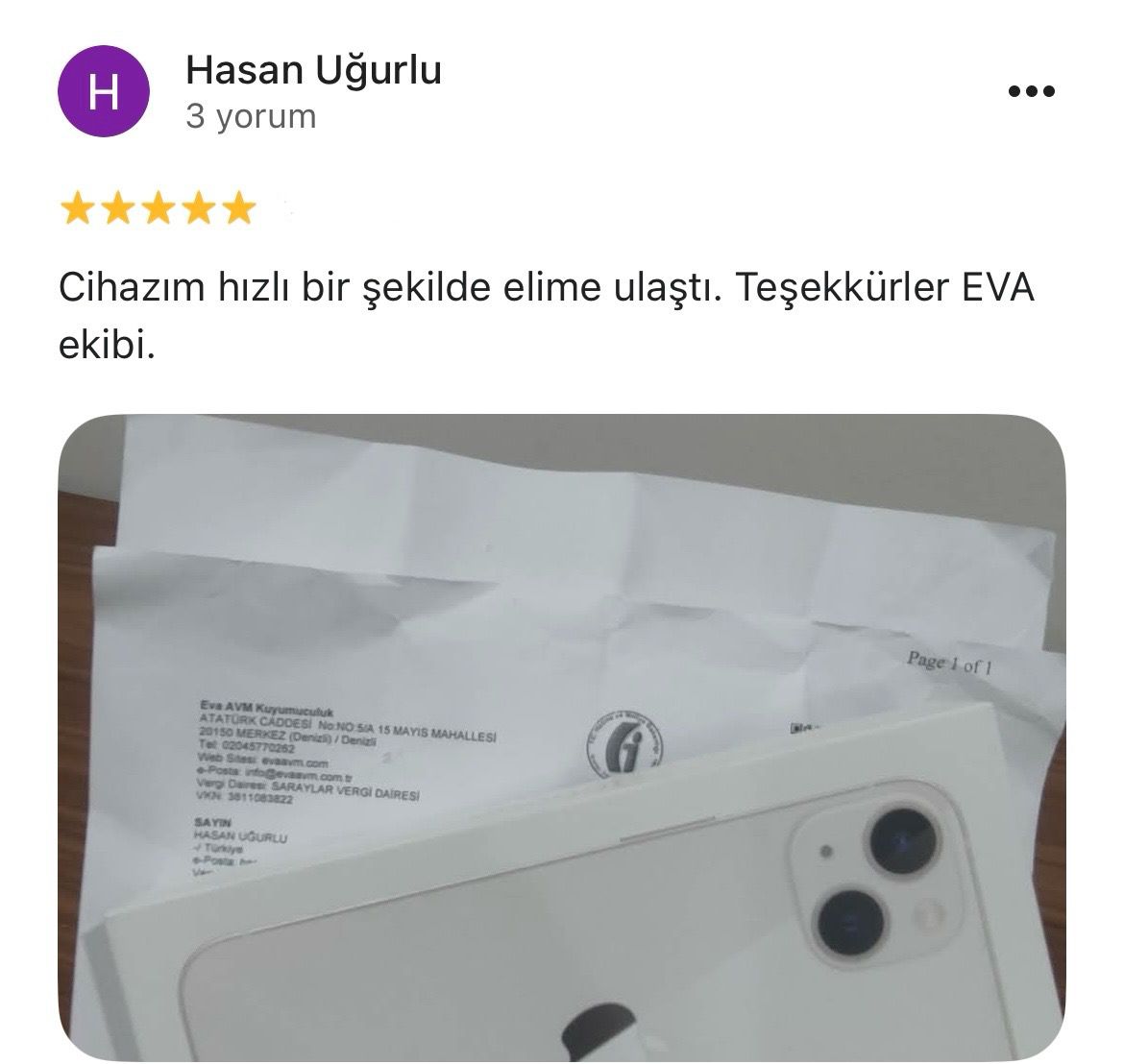 Google yorum görseli - Hasan Uğurlu